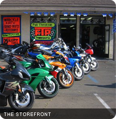 Full Throttle Powersports storefront with motorcycles and scooters